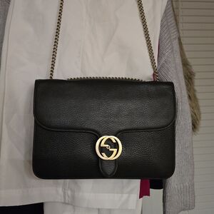 Gucci Black Leather Shoulder Bag with Gold Chain